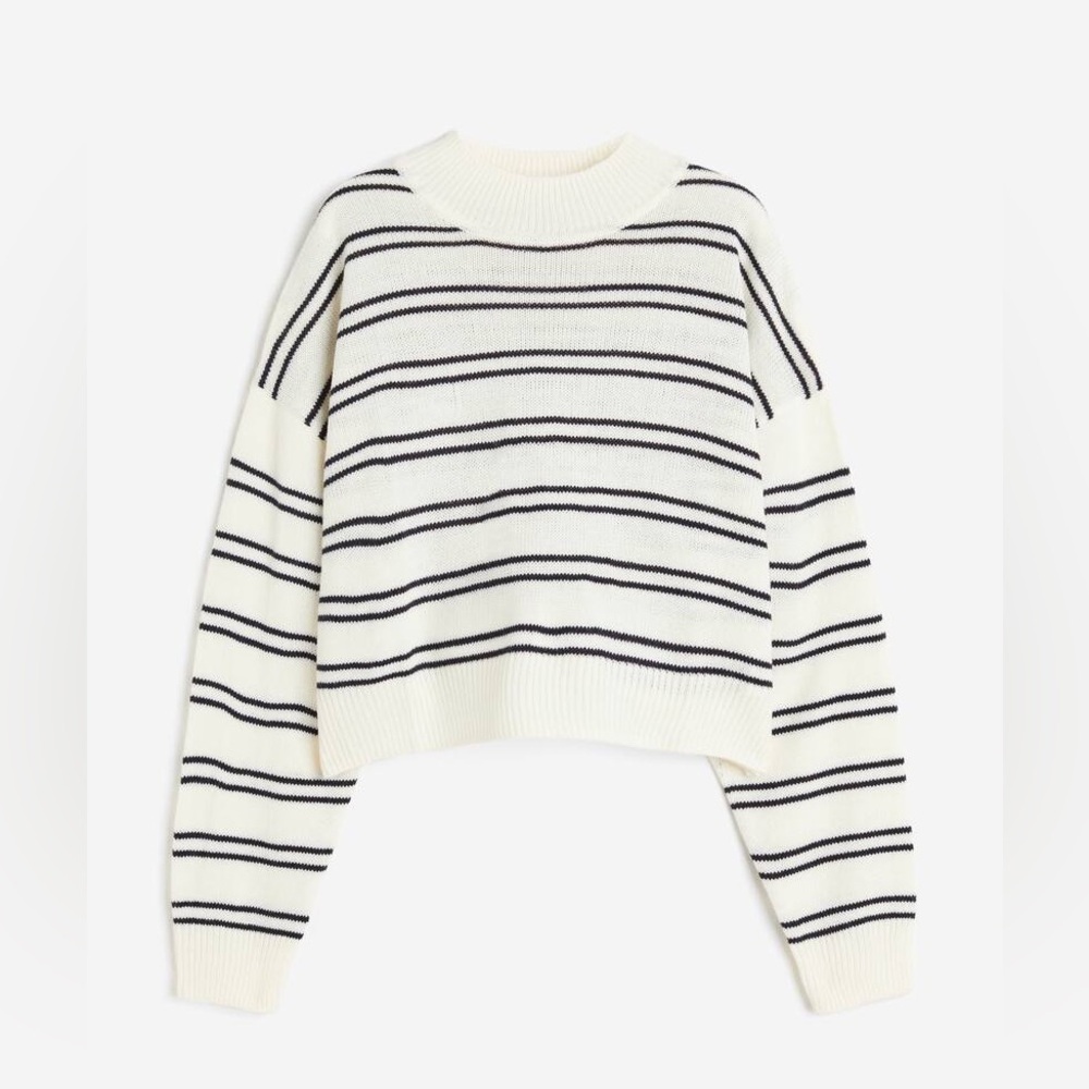 H&M Dividede Cream Black Stripe Turtle Neck Knit Long Sleeve Crop Top Size Small - Picture 1 of 7